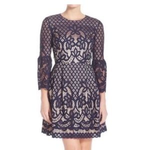 Eliza J Navy Fit and Flare Bell Sleeve Lace Dress Size 0 Petite